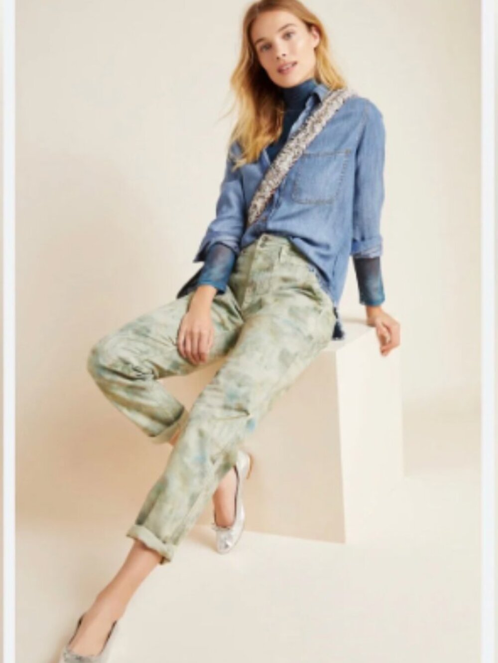 Anthropologie The Wanderer Pants Cropped Low Rise Size 26 washed Greens & Blue